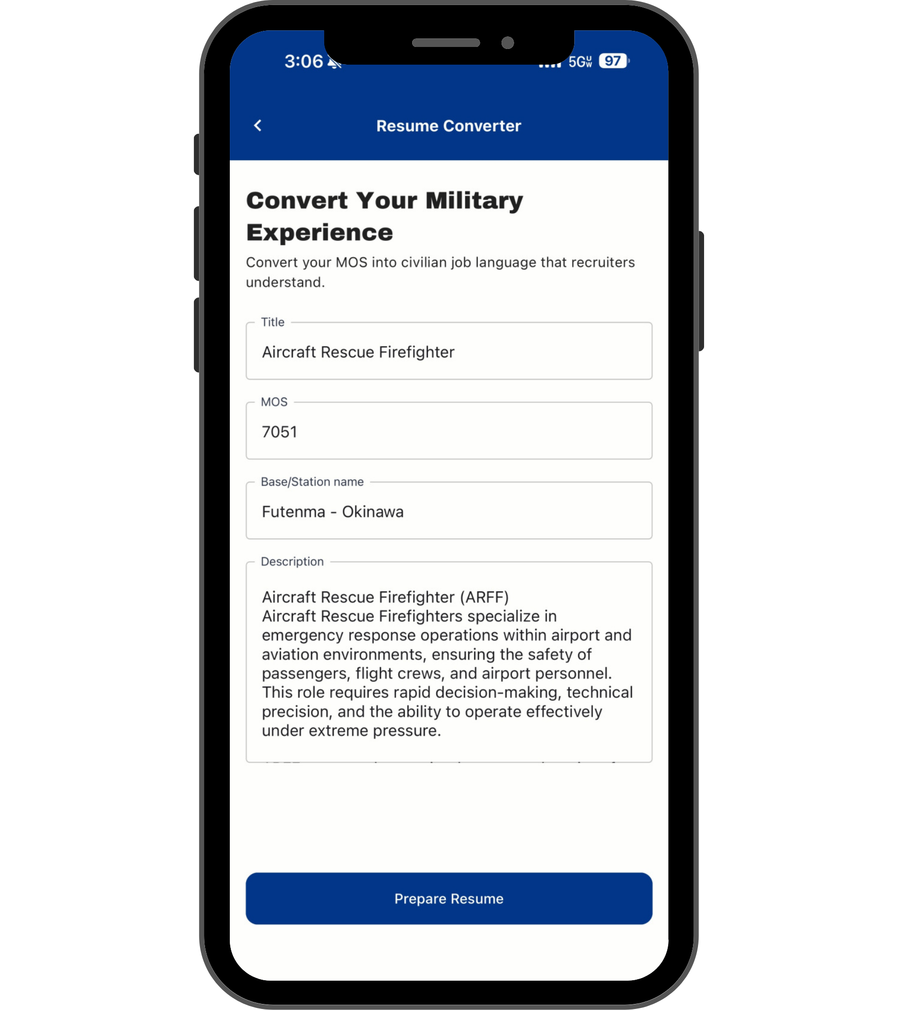 Resume converter screen